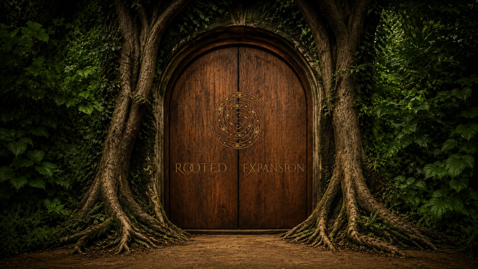 A carved wooden doorway inscribed with the Rooted Expansion mark, set within an archway of ancient roots and branches.